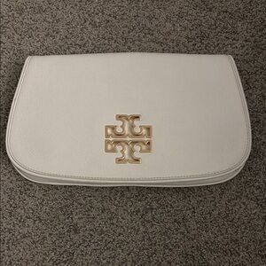 Tory Burch Ivory Clutch with Gold Emblem